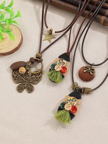 1pc New Chinese Style Zen Retro Star Feather Bowknot Multi-Pendant Long Necklace For Women, Fashionable National Style Elegant Delicate Accessory Suitable For Daily, Vacation, Holiday Wear - Ancient Bronze - View 3