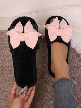 Pink Woven Bow Home Indoor Lightweight Simple Comfortable Non-Slip White Women's Slippers