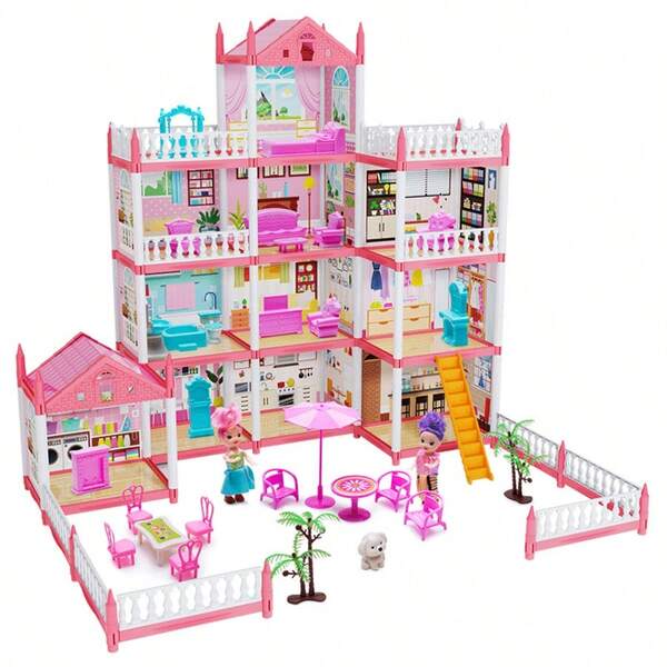 3-12 Years Old Girls' 2-3 Layers Princess Castle Villa Puzzle Assembling Doll Doll, Suitable For DIY Building Themed Room Scenario Simulation Cartoon Doll Accessories, Interesting Themed House Role-Playing Game, Creative Gift, Christmas Gift (Accessories Style Random) (Lights Not Included)