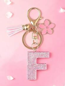 1pc DIY Pink 26 English Alphabet Keychain, Resin Glitter Flower Tassel Key Chain For Women Christmas Gift