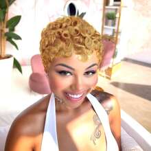 27# Curly Wavy Blonde Pixie Short Wig, Real Human Hair Layered Pixie Short Wig With Bangs, Glueless Lace Front Wig, Breathable Handmade Wig, Suitable For Gift, Valentine's Day, Daily Wear - S27 - View 4