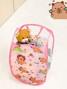 1pc Foldable Cartoon Animal Pattern Mesh Storage Basket With Handle, Suitable For Indoor/Outdoor Snacks, Toys, Clothes Storage, Baby & Kids