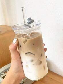 1Pc 400ml Heat-Resistant Glass Tumbler With Lid, Straw And Flat Base For Coffee, Milk Tea, Juice, Water (Home Use)