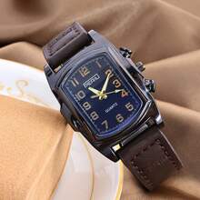 1pc Rectangular Stainless Steel Case PU Leather Strap Men's Wrist Watch, Business Casual Fashion High-End Luminous Pointer Quartz Watch, Suitable For Men And Women For Daily Or Business Occasions - Gift Recommendation