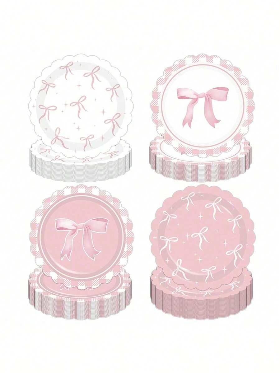10pcs Pink Bow Party Plates,Bow Birthday Party Supplies,Pink Bow Party Decor For Bachelorette Bridal Engagement Cute Plates Bachelorette Party Decor - Hồng - Xem 1