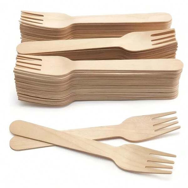 10/50/100 Pieces Of Disposable Wooden Fork Cutlery, Suitable For Dessert Forks, Cake Forks, Ice Cream Forks, Suitable For Camping And Picnic Supplies, Birthday Party Supplies, Large Wedding Tableware, Kitchen And Restaurant Tableware, Thanksgiving/Halloween/Christmas Tableware - Portable Disposable Wooden Tableware