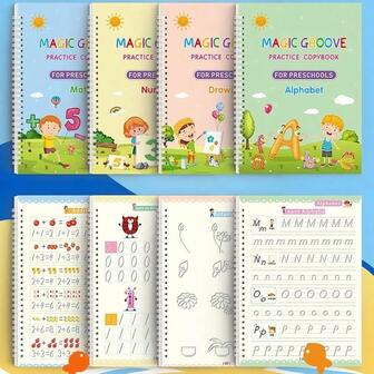 4 合 1 英语/法语魔法练习册套装 - （字母、数字、加法/减法、绘图）可重复使用的笔练习册英文书法练习册凹槽模板设计（所有配件均采用随机颜色和样式）