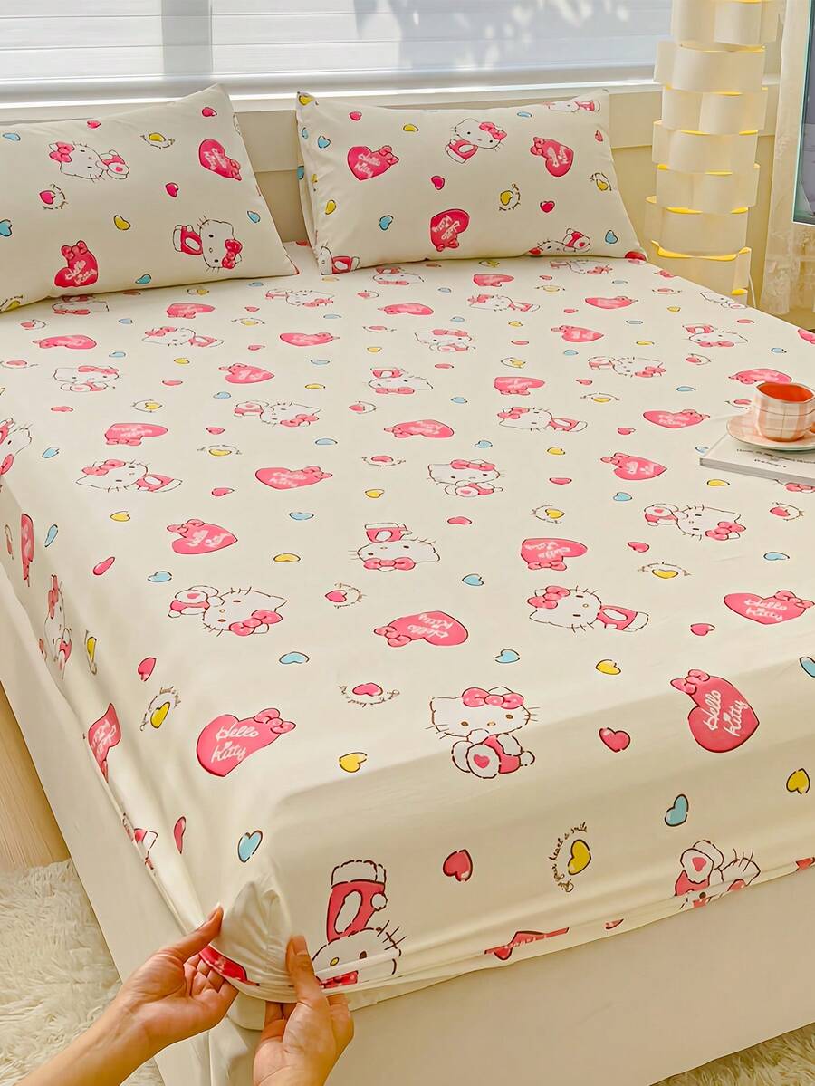 SANRIO 1 pieza Sábana ajustada con estampado de dibujos animados lindos, Bedding de Kuromi/Cinnamoroll/Hello Kitty, Protector de colchón, Cubrecama, Sábana ajustada, Textil para el hogar cómodo, Protector de colchón transpirable y antipelusas, Decoración del hogar, Se ajusta a todos los tamaños de cama - Individual, Doble, Queen, King, Para todas las estaciones, Cubrecama a prueba de polvo, Lavable a máquina - Amo a KT - Ver 1