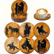 Set Of 6 Vintage Rodeo Theme Coasters, Western Shore Wooden Coaster Set, Home Decor Coasters For Coffee Mugs, Drinking Mugs, Mugs, For Home, Cafe, Afternoon Tea - Indoor Decor, Holiday Room Decor, Party Accessory, Great Gift Idea, Great Gift Idea, Great For Gift Giving, Christmas Gift, Birthday Gift, Party Decor, Kitchen Decor, Table Decor, Available In 1 Set Or 31 Sets
