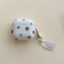 1 set husă de căști albastră în carouri și design floral, compatibilă cu Apple 1/2/3/4, husă de protecție pentru căști wireless Bluetooth Pro 2