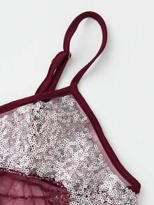 Women V Neck Sequin Cami Top .Y See Through Strape Camisole Cute Beaded Top Going Out Party Outfits - Màu Đỏ Sâu - Xem 3