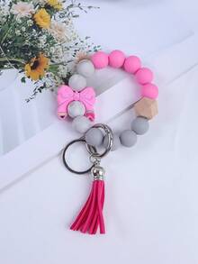 1pc Bowknot Silicone Beaded Colorful Keychain, Tassel Charm Wristlet Keyring, Bag Pendant Accessory, Key Chain, Car Key Anti-Lost Chain, Gift For Friends, Family, Teachers, Back To School Christmas
