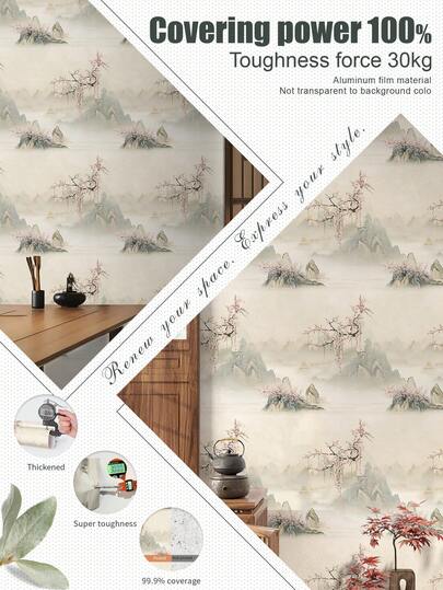 1 rollo de 1m/3m/5m de papel tapiz estilo artístico de paisaje y hojas en beige vintage y azul verdoso, adecuado para renovación del hogar, decoración de habitaciones, reacondicionamiento de gabinetes, decoración de baños, paredes de vinilo, papel tapiz de aluminio, con fondo no transparente, para cubrir manchas y defectos, flexible y resistente a desgarros, fácil de limpiar, papel tapiz autoadhesivo