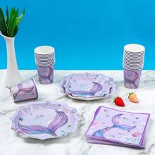 10pcs Purple Mermaid Tail Petal Disposable Plates, Napkins And Cups, Petal Theme Tableware Set For 10 Guests, Suitable For Birthday Party, Family Picnic - Multicolor - View 4