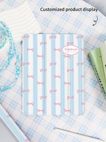 1pc Transparent Pencil Slot Tri-Fold Blue Lace Bow Painting Tablet Case, Customizable Text, Letter, Clear Printed Image, TPU Soft Edge Protection, Built-In Pencil Slot, Tri-Fold Stand, Magnetic Sleep/Wake, Minimalist Creative Unique Artistic IPad Tri-Fold Tablet Case