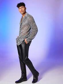 Men's Sheer Mesh See Through Glitter Button Front Long Sleeve Shirt Tops