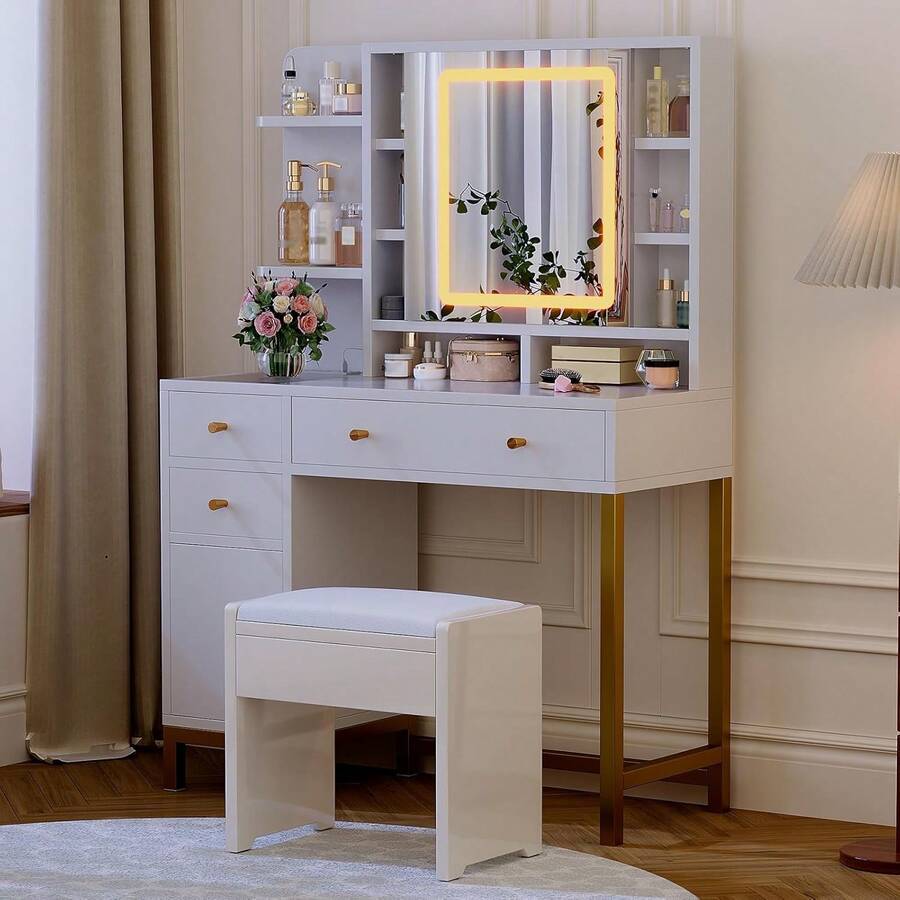 Vanity Table With LED Mirror And Power Outlet - Makeup Table With 3 Light Colors, Illuminated Mirror And USB Port For Bedroom - White - View 1