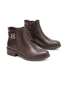 calcena Women's Classic Ankle Boots with Low Block Heel, Round Toe Chelsea Bootie with Elastic Panel and Buckle Strap, Comfortable Side-Zip Walking Boot for Work, Office & All-Season Everyday Wear - 棕色 - 查看 3