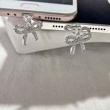 1pc Metal Rhinestone Bow Charm/Phone Charging Port Dust Plug/Decoration Pendant/Compatible With Iphone/Type-C/Android Plug - Silver - View 4