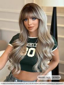 NICKY WALL 银黑色发根长款波浪卷假发，蓬松自然卷发带刘海，时尚合成耐热纤维假发，适合女孩角色扮演、派对、日常佩戴，28英寸 - 銀色 - 查看 4