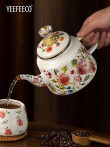 yeefeeco 1PC 1.2L木柄珐琅咖啡壶，玫瑰印花咖啡壶，短木柄珐琅壶，钻石顶玫瑰图案珐琅壶，欧式城堡风格咖啡壶，茶壶，炉头，油壶，调味罐，玫瑰印花糖罐，茶叶罐，咖啡豆罐，调味罐，适用于家庭，咖啡店，庭院，沙特国庆 - Enamel Pot - 查看 10