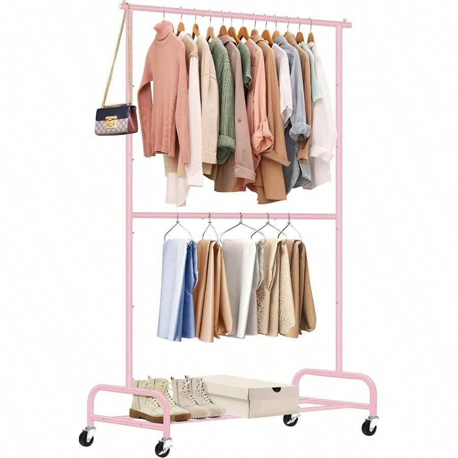 Heavy Duty Clothing Racks Hanging Clothes Rack, 43 Wide Rolling Garment Rack Metal Clothing Hanger Rack With Wheels Wardrobe Rack Coats, Shirts, Dress, Black - Pink + Double Rod - View 1