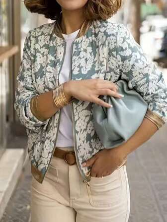 Women's Floral Print Zip-Up Bomber Jacket, Long Sleeve, Round Neck, Regular Fit Outerwear