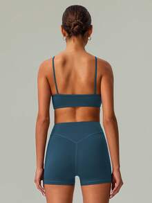 2 PCS CO Ord Set Women's Classic Spaghetti Strap Backless Sports Bra And High Waist Deep V Butt Lift Line Running Fitness Cycling Short - 藍色 - 查看 7