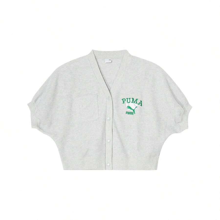 Puma Fashionable Short Simple Versatile Women V-Neck Button-Up Short Sleeve Knit Cardigan 62297304 - Light Mixed Gray - View 1