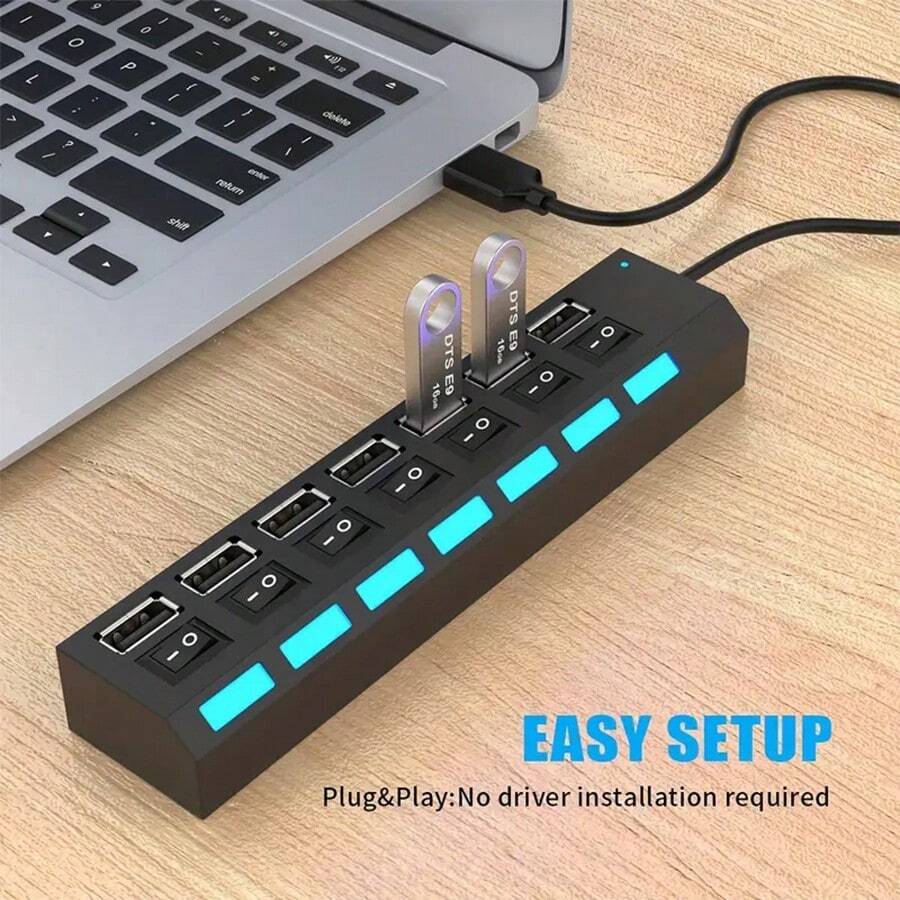 7-Port LED USB Hub With Individual Switches; 4-Port USB Hub With Individual Switches; USB Adapter Hub Multi-Port Outlet With Power On/Off Switch, Charging Splitter For PC, Laptop, USB Drive, Phone, Tablet, Non-Charging