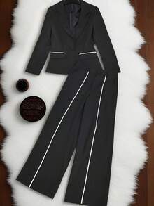 Set de 2 piezas de traje de oficina y uso diario con blazer de manga larga y pantalones con bloques de color y ribete a rayas para mujer, para otoño/invierno