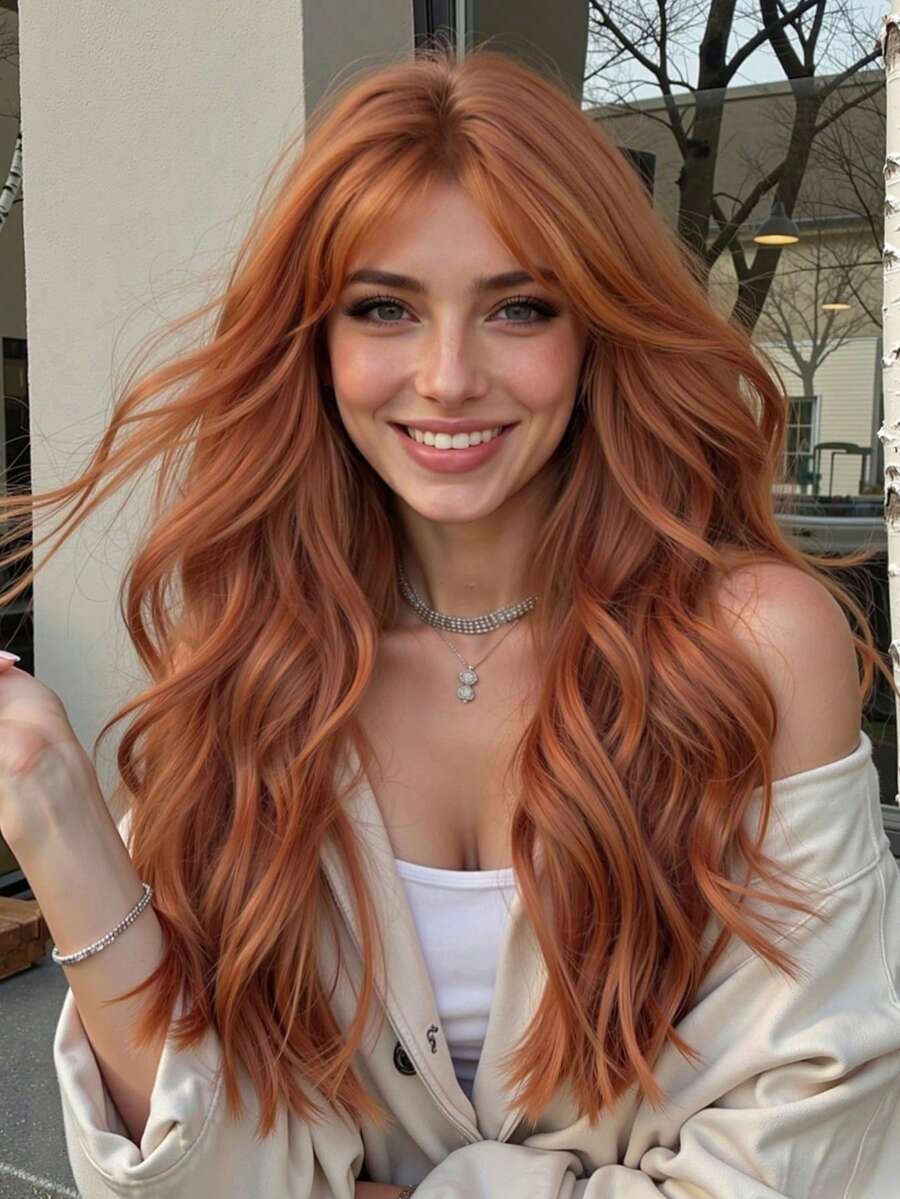 24-Inch Orange Mid-Parted Long Curly Hair, Elegant Ladies' Wig, Heat-Resistant Synthetic Woven Wig, Perfect For Holiday Travel, Party, Role-Playing Actors, Halloween And Christmas Daily Wear, Halloween Wig, Girls' Holiday Gift - trái cam - Xem 1