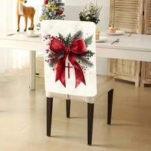 1 pièce/4 pièces/6 pièces/10 pièces Housse de chaise en peluche courte imprimée de nœud de ruban de branche de pin, de baie rouge et de feuille de houx. Protecteur de de chaise en peluche amovible pour salle à manger, salon, toutes saisons, décoration de Noël