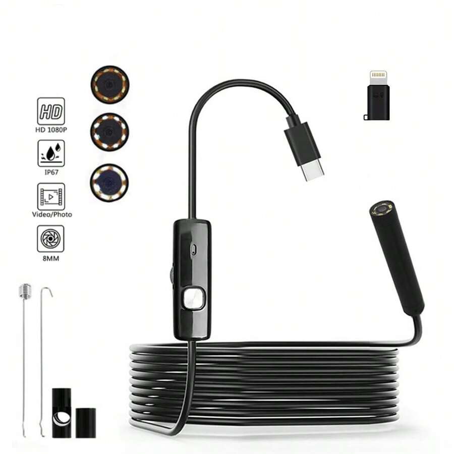 1pc HD 1080P High Definition Industrial Endoscope, Flexible Rigid Cable Inspection Camera For IOS And Android