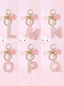 1pc DIY Pink 26 English Alphabet Keychain, Resin Glitter Flower Tassel Key Chain For Women Christmas Gift