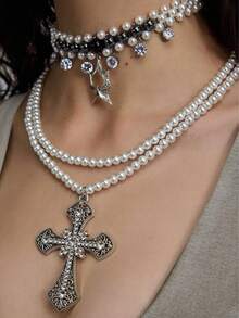 Collana con pendente a forma di stella cadente con perle nere e bianche, stile a più fili per donna