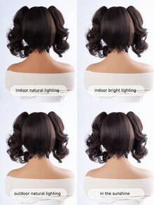 alicegarden 1 Piece Of Synthetic Heat-Resistant Curly Hair, Black Curly Hair Wig, Double Ponytail, With Bangs Style, 12 Feet Long, Made Of Fiber, Suitable For Daily Use, Natural And Realistic Wig. - Black - View 8