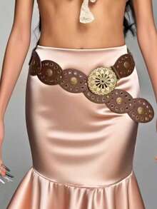 1pc Western Cowgirl Boho Punk Style Fashion Accessory, Women's Hollow Flower Oval Buckle Decor Boho Belt, Suitable For Daily Commute, Hangout With Friends, Vacation Dinner, Dance Party, Music Festival, Gift For Friends, Family, Mother, Girlfriend On Birthday, Valentine's Day, Mother's Day - 黑色 - 查看 6