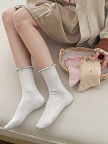 1/5 pares de calcetines de media caña con tulipanes florales y encaje para mujer, calcetines dulces y lindos para uso casual diario, otoño - Multicolor - Ver 6