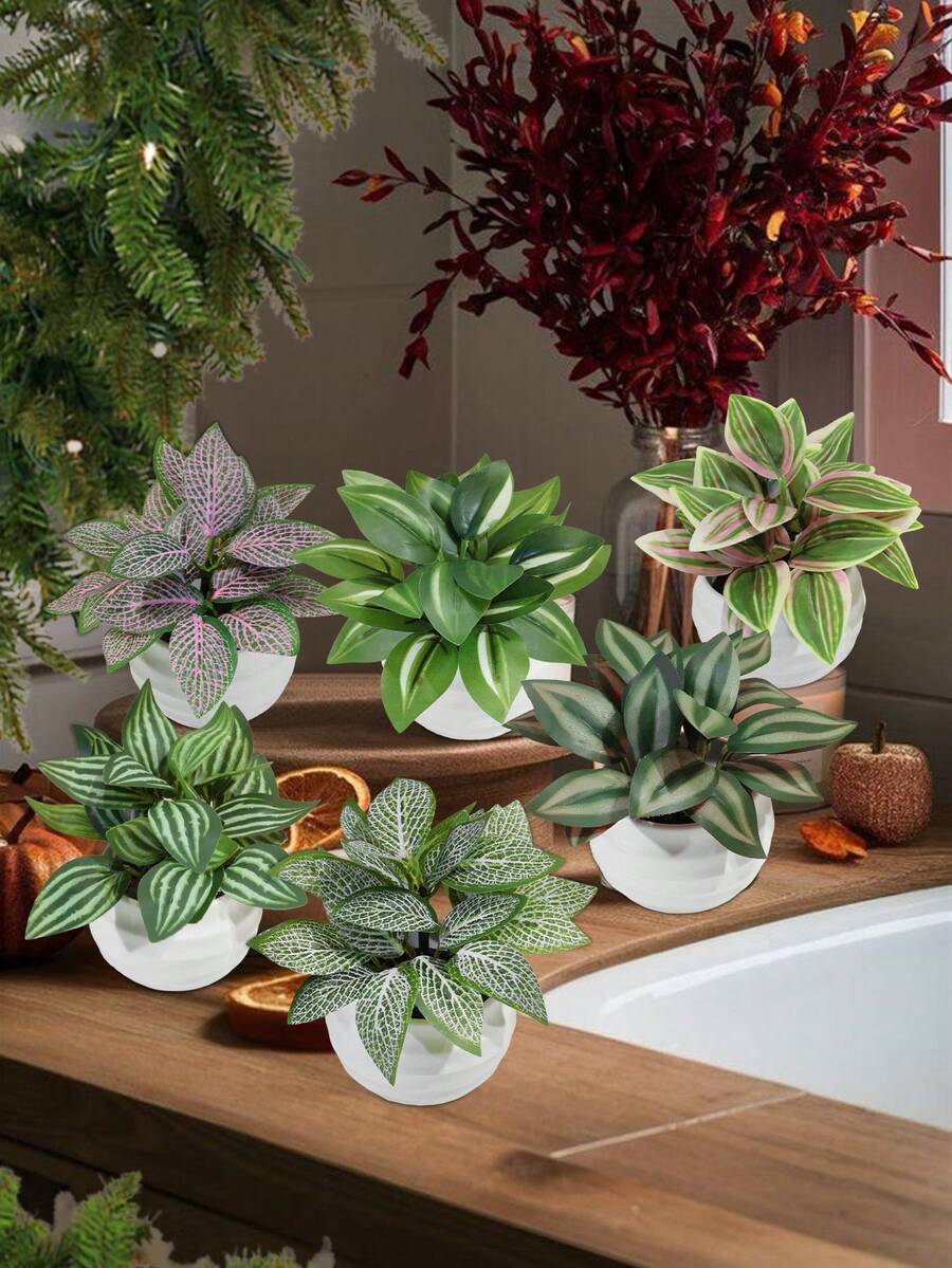 3件組人造迷你多肉植物，綠色多肉，白色與黑色花盆，PE材質，人造植物，人造多肉，桌面裝飾，家居裝飾，花園裝飾，學校宿舍辦公室裝飾，母親節禮物，秋季感恩節聖誕節萬聖節多用途裝飾
