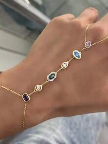 1 件复古多色锆石铜全指环手链，适合女性日常和节日佩戴 - 金色 - 查看 5