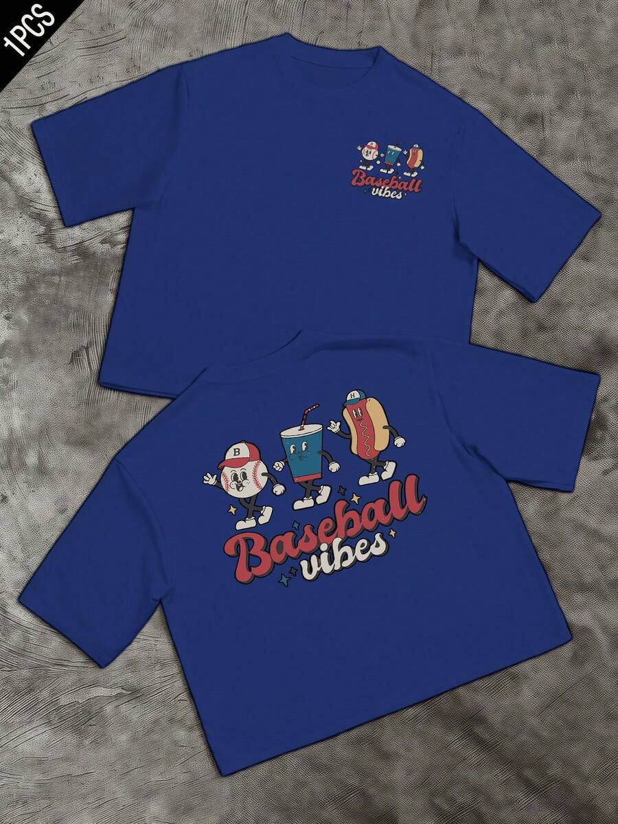 Baseball Cartoon Double Sided Digital Printed 220g T Shirt Stylish 1pcs Size Plus Men's 100% Cotton Casual Tee Baseball Vibes Graphic TShirt - 藍色 - 查看 1