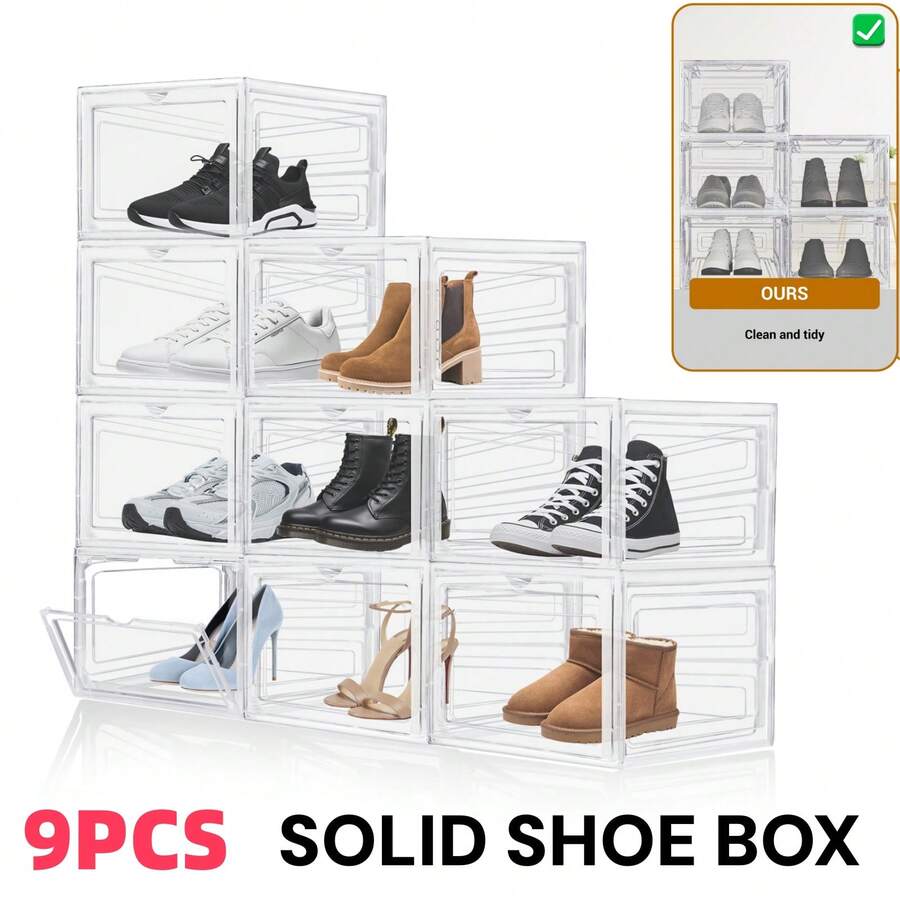 AutoFu Solid 9 PCS Transparent Clear Sneaker Display Organizer, Storage Box, Shoe Box Magnetic Closure Stackable, Space Saving, DIY Home Storage Solution - Clear - View 1