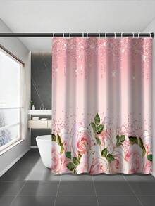 1/3/4 Piece Pink Elegant Rose Shower Curtain Set, Bathroom Window Curtain Shower Set, Shiny Bathroom Shower Curtain, Bathroom Set, Waterproof Shower Curtain, Bathroom Accessories, Bathroom Rug, U-Shaped Toilet Mat, Toilet Seat Cover, Bathroom Decor With 12 Hooks, Home Decor, Daily Decoration