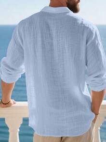 Men's Lightweight Linen Long Sleeve Polo Shirt, Half-Zip Button Design, Breathable And Comfortable, Suitable For Beach, Outdoor Activities, Family Gatherings (Note: White, Light Blue, Etc. Colors Are Slightly Sheer; European And American Sizes Run Large, Recommend Ordering One Size Down) - Baby Blue - View 2