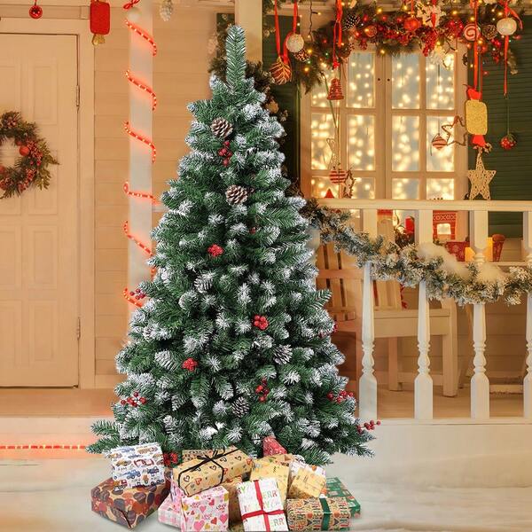 Árbol de Navidad artificial, ramas de PVC de aspecto natural, para decoración navideña interior y exterior, con base de metal macizo, frutos rojos y piñas.