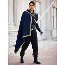 Runcati Mens Renaissance Shawl Half Shoulder Cape Medieval Samurai Cloak LARP Warrior Ren Faire Halloween Costumegift - Navy Blue - View 4