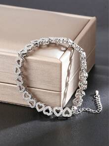 1 件奢华方晶锆石心形可调节手链，简约优雅闪亮新娘礼物 - 銀色 - 查看 6