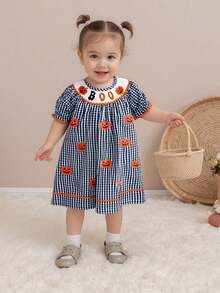 Little Girl Halloween Plaid Dress Pumpkin Letter Ric Rac Trim Short Sleeve A-Line Dress Cute Fall Clothes