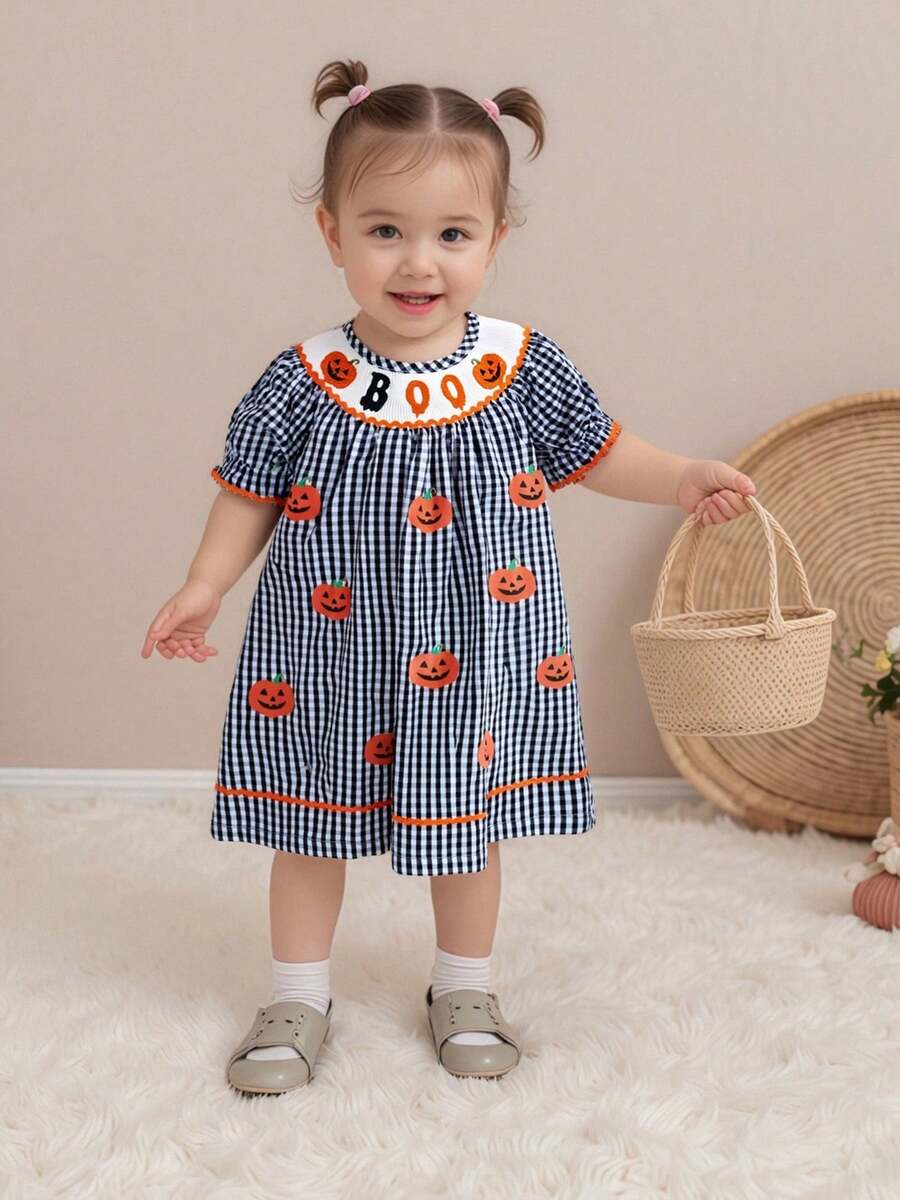Little Girl Halloween Plaid Dress Pumpkin Letter Ric Rac Trim Short Sleeve A-Line Dress Cute Fall Clothes